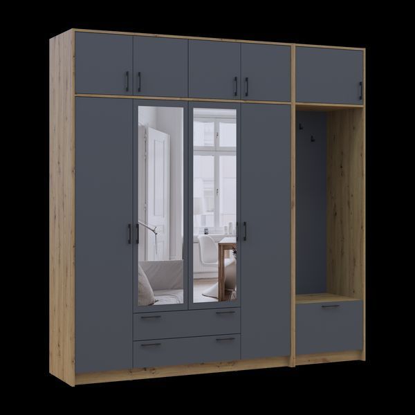 &Scaron;atn&iacute;kov&aacute; skriňa Doros Rondi s ve&scaron;iakom, zrkadlom a nadstavbou Dub Artisan/Grafit 4 DTD 220x52x236 (42005299) 2858104709 foto